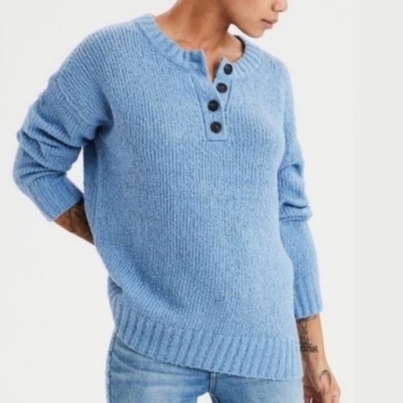 American Eagle Outfitters Sweaters - AMERICAN EAGLE AEO Jegging Fit Henley Pullover Sweater Solid Blue Nubby Textured